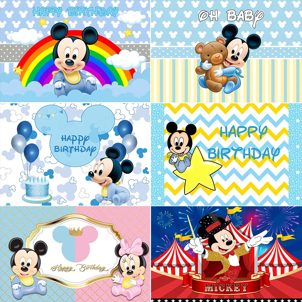 ﻿ Cartoon Blue Baby Mickey Minnie Mouse Theme Children Happy Birthday Background Baby Shower Gender Revealing Photography Banner