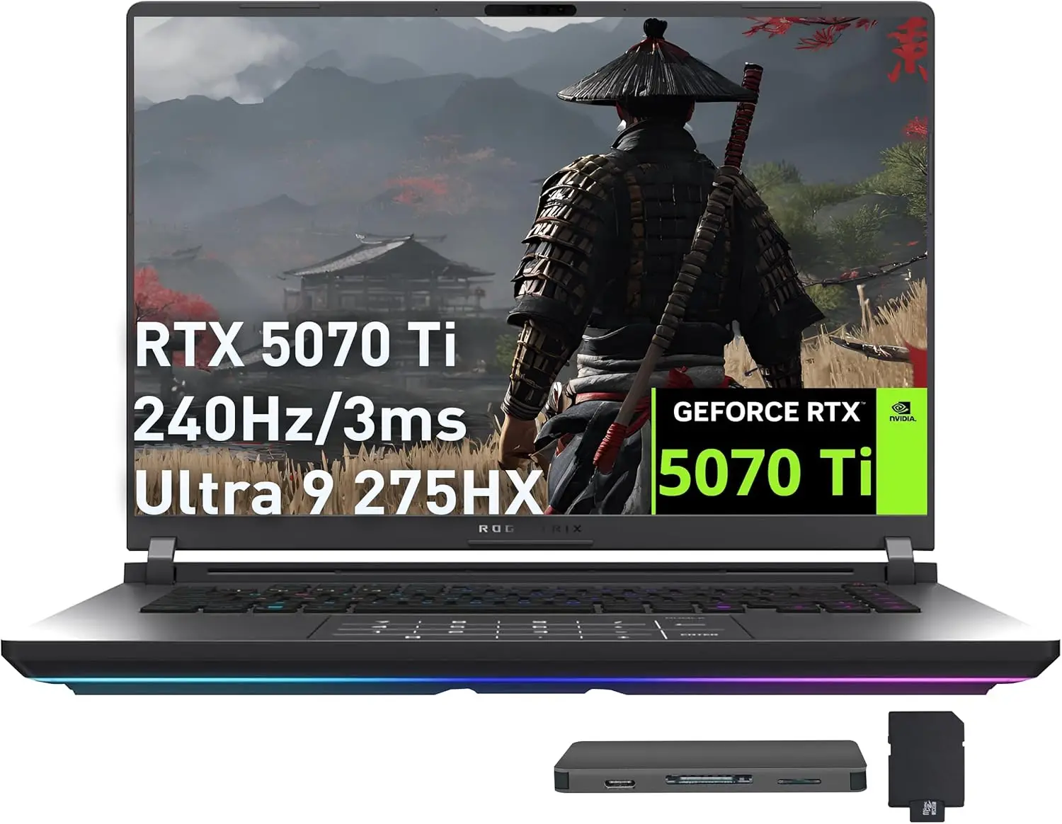 

ASUS ROG Intel Ultra 9 275HX, GeForce RTX 5070 Ti 12 ГБ, 64 ГБ DDR5, 3 ТБ памяти (2 ТБ SSD + 1 ТБ док-станция), клавиатура с подсветкой