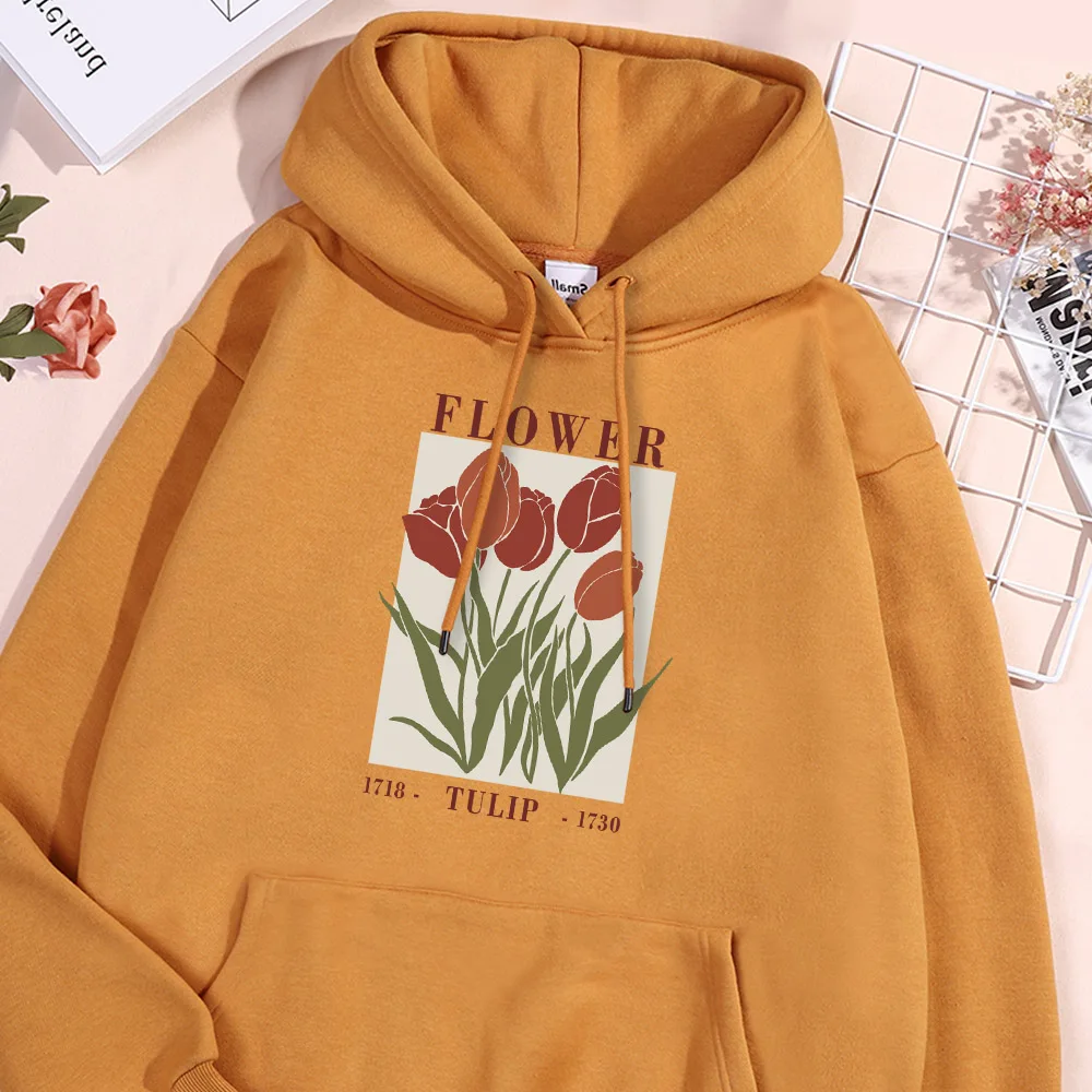 Tulip Flowers Print Hoodie Men Loose Fleece Hoodies Fashion Minimalism Style Sweatshirt Oversize Hoody Soft Comfort Clothing