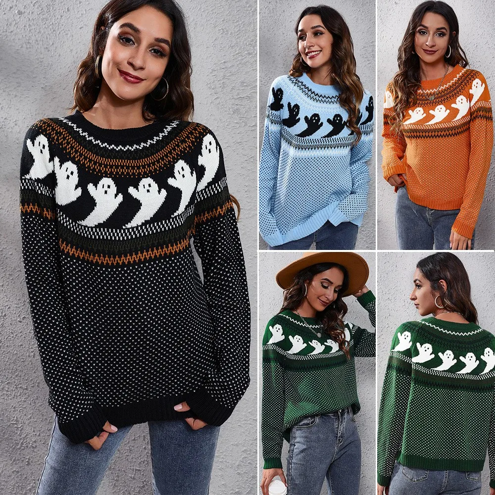 Women's Clothing Sweater Round Neck Long Sleeve Loose Fit Knitwear Oversized Ghost Print Halloween Theme Pullover Black Women