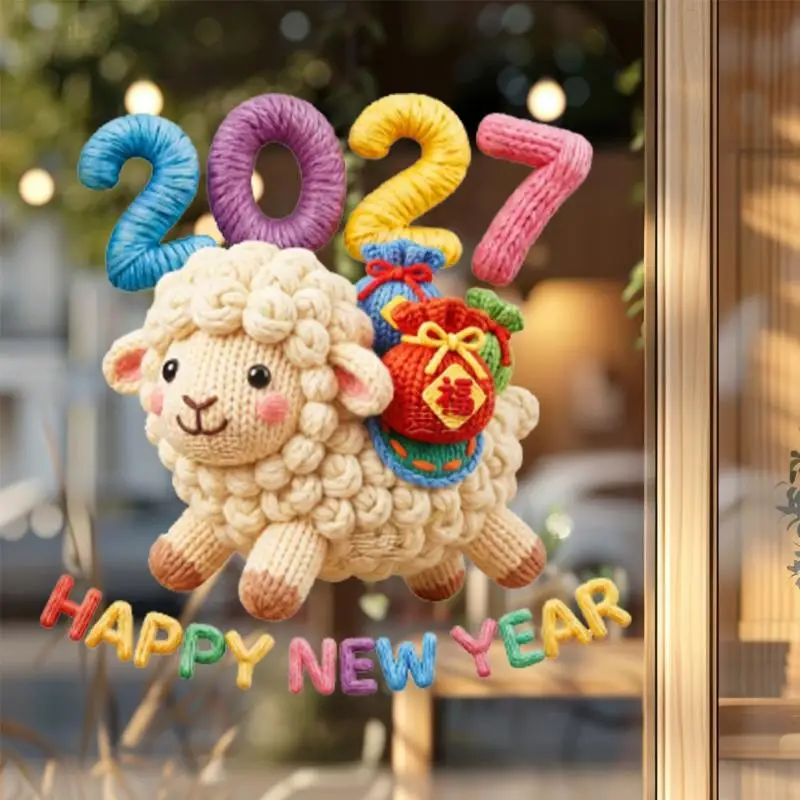 2027 Happy New Year Window Sticker Cute Knitted Sheep Design Same Color Both Sides Perfect For Home Shop Glass Decoration