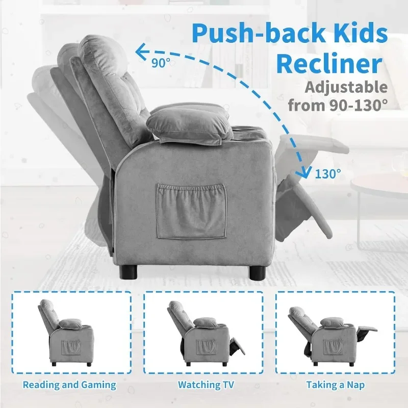 Cadeira reclinável para crianças, ergonômica, ajustável, apoio para os pés e bolsos laterais, sofá de bebê para meninos e meninas, quarto (cinza)
