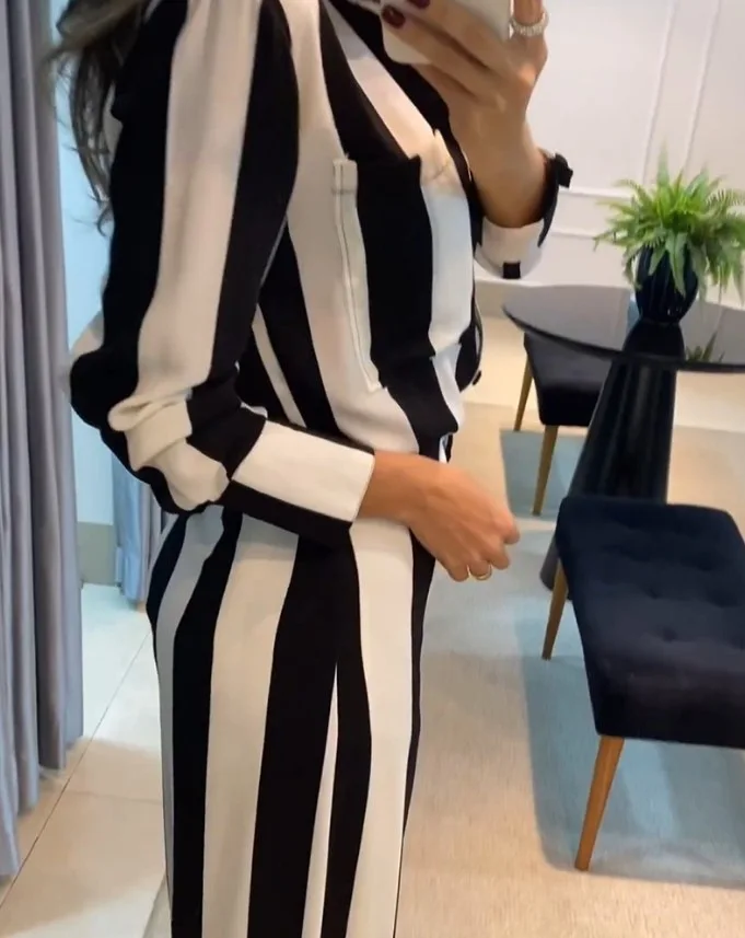 Autumn Fashion Stripe Women\'s Two Piece Sets Casual Turn-down Collar Button Shirt and Long Pants Suit New Loose Commuter Outfits