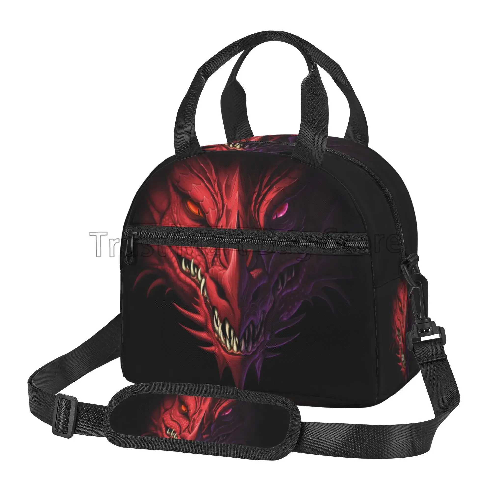 Dragon Face Lunch Bag Cool Red Animal Head Reusable Insulated Bento Tote Bags with Adjustable Shoulder Strap for Picnic Travel