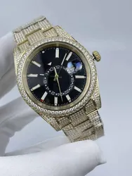 Luxury Watch Collection for Men - Diamond Bezel Strap, Gold Dial, Mechanical Movement, Waterproof, Folding Buckle, Diving Calen