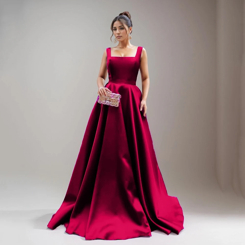 Msikoods Wine Red A-Line Evening Dress Square Neck Backless Satin Formal Dress Women Elegant Party Gown Prom Dress