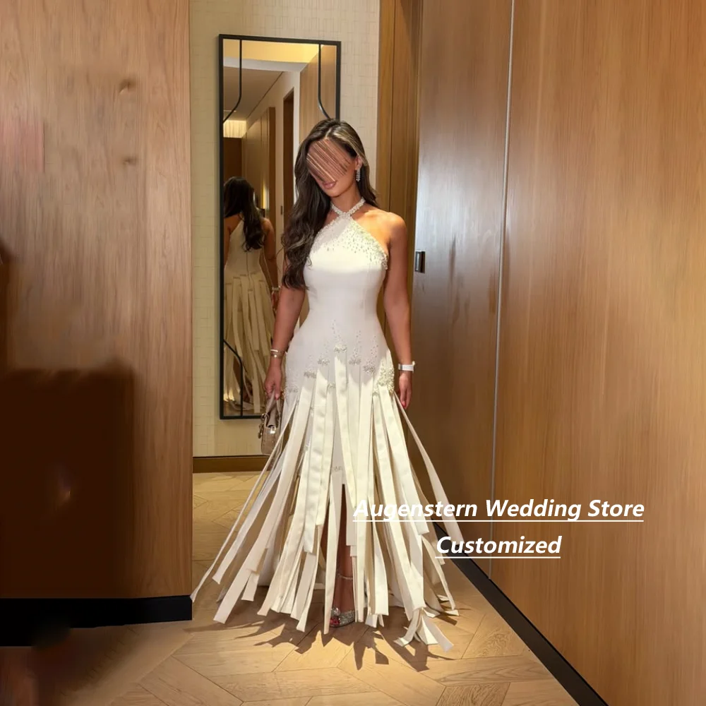 Customized Ivory Halter Mother Of The Bride Gown Beading Long Ribbon Fringe Slit Floor Length For Wedding Formal Party Plus Size