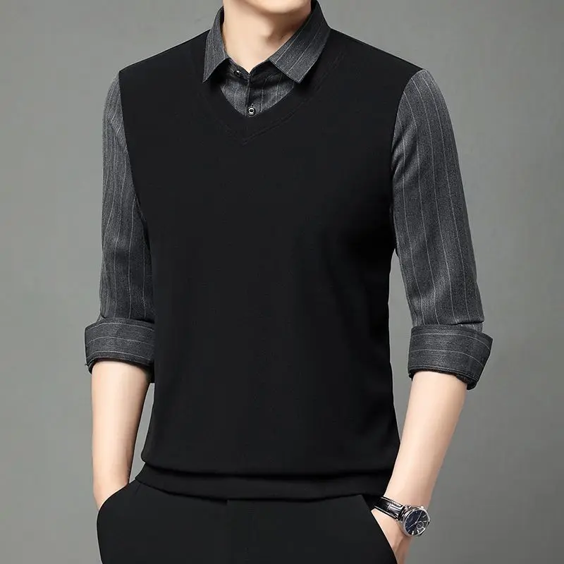 

Business Mens Polo Shirts 90s Vintage Bulk Formal Pullover Casual Streetwear Normal Full Sleeve Fake Two Piece Male Sweatshirts
