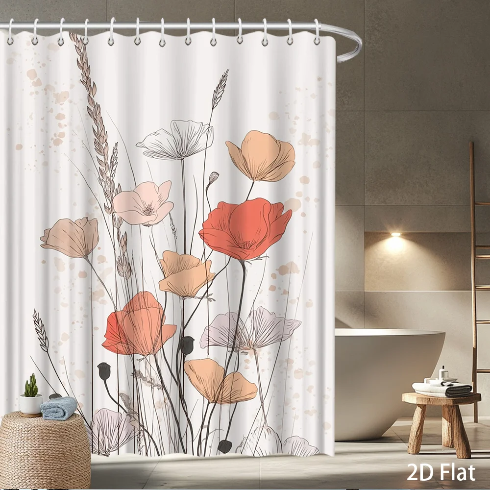 Minimalist Poppy Shower Curtain – Delicate Pink & Peach Poppies with Wheat Stalks on Cream, Linen-Textured Polyester