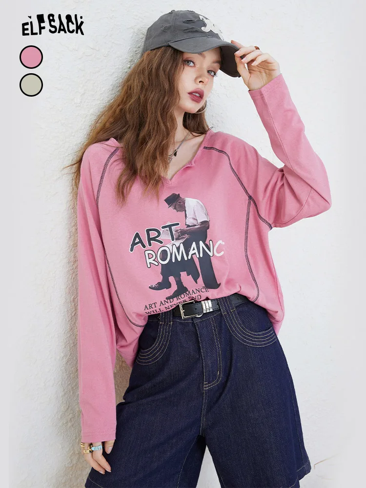 

Модная женская футболка с V-образным вырезом и принтом для студенток, свободный крой, удлиненный рукав, повседневный стиль, из смесового полиэстера и хлопка