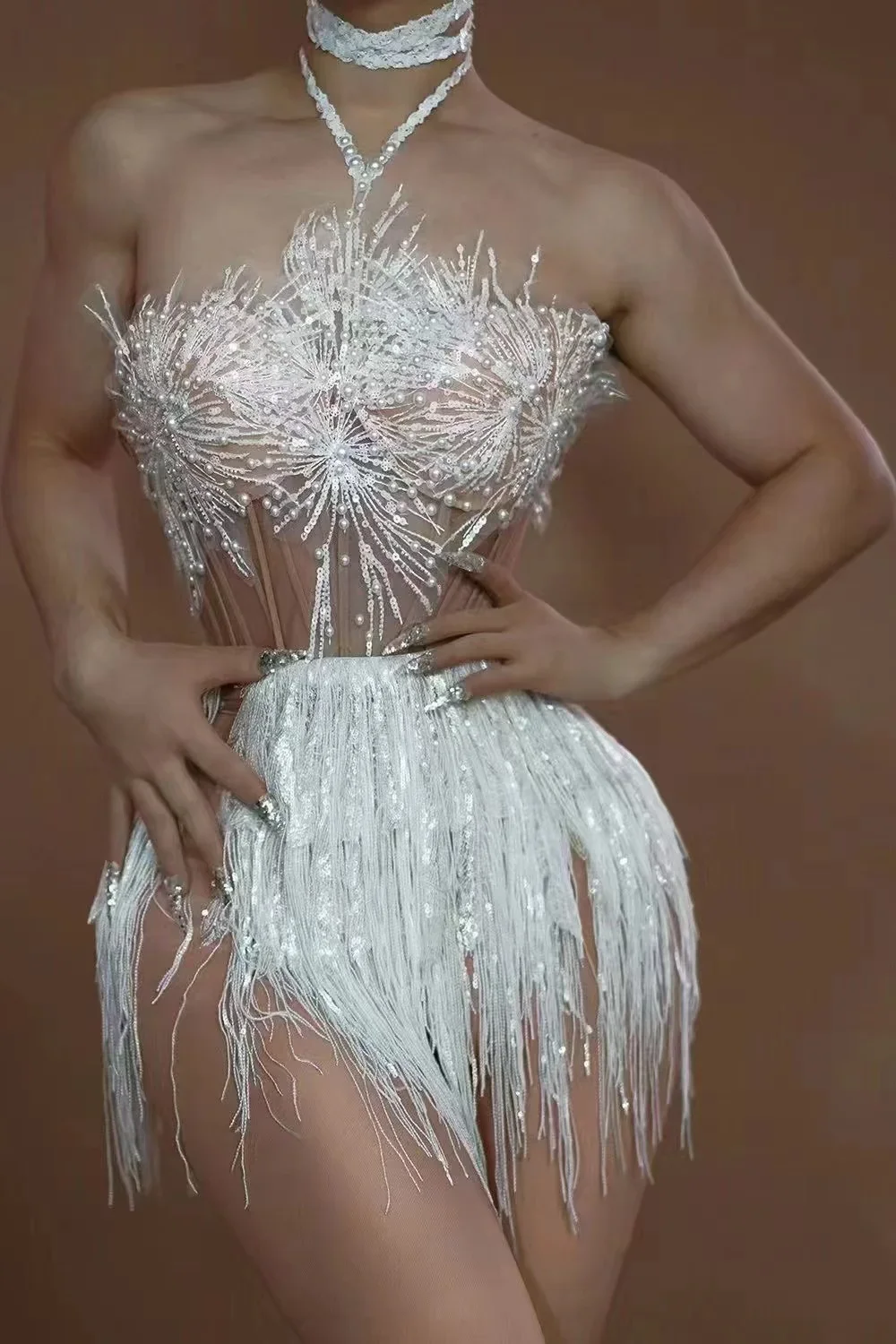 Nightclub Singer Dancer Stage Shinning Sequins Tassel Gold Sexy Backless Halter Sheath Dress Evening Party Performance Costume