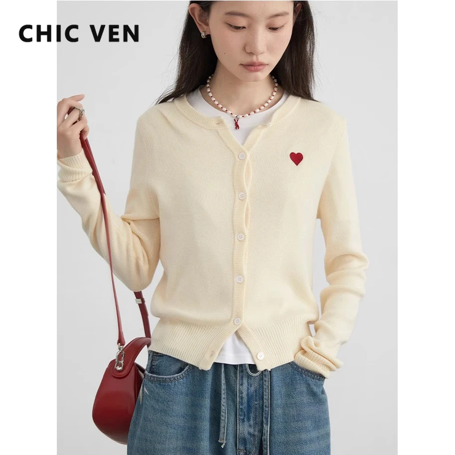 CHIC VEN Women Cardigan Loose Simple Contrasting Color Embroidered Knitted Sweaters Slim Fit Female Jumpers Spring Autumn 2024