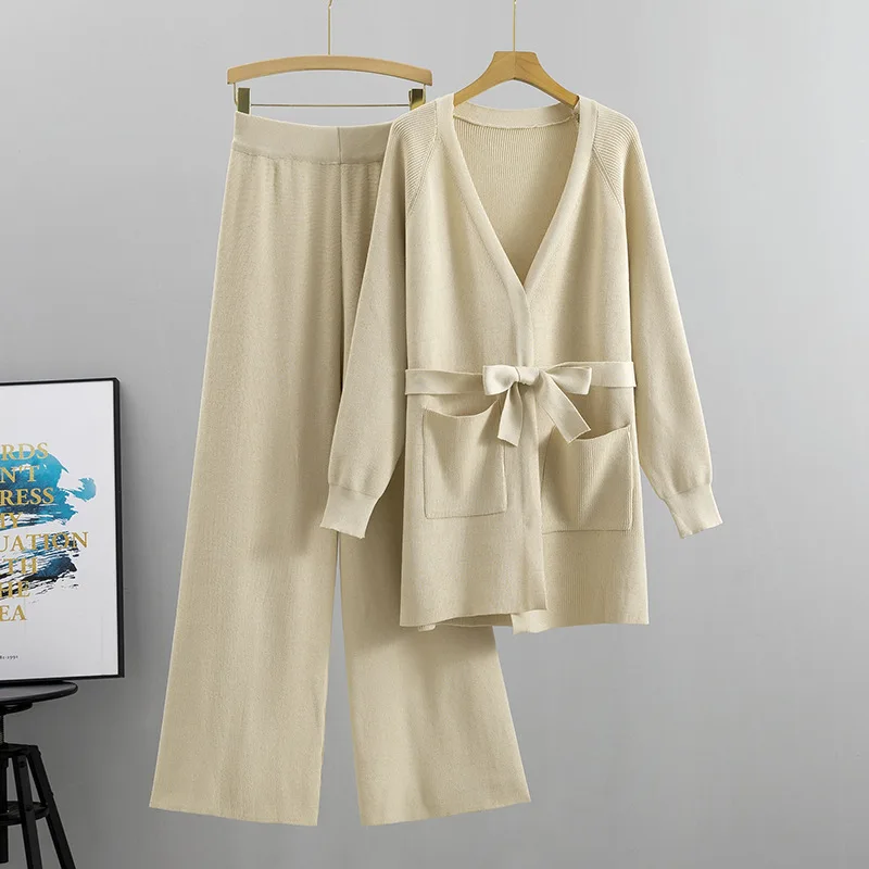

ALPHALMODA 2025, свободный вязаный кардиган + брюки, костюм из 2 предметов, осень-зима, свитер с поясом, женские модные костюмы из 2 предметов