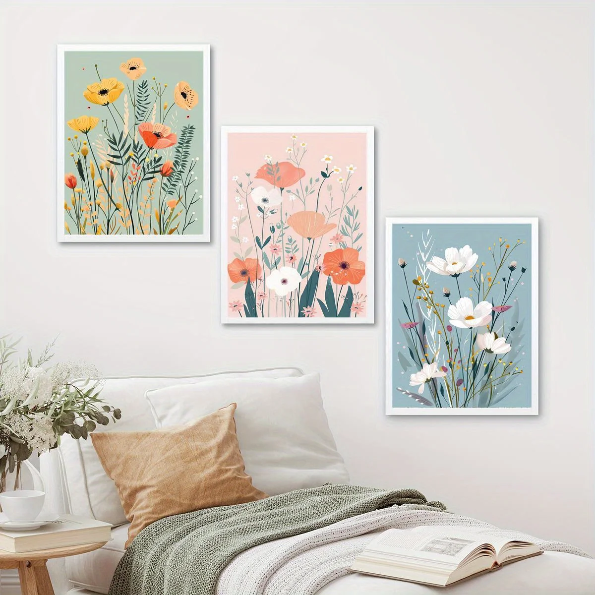 frameless Canvas Painting 3pc frameless Botanical Floral Canvas Wall Art Set - Blue Pink Green Flowers in Canvas Decor for Bedr