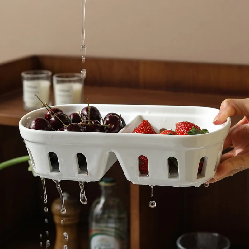 

Ceramic Berry Basket Fruit Plate Square Fruit Bowl with Holes, Colander for Kitchen Multifunctional Snack Basket