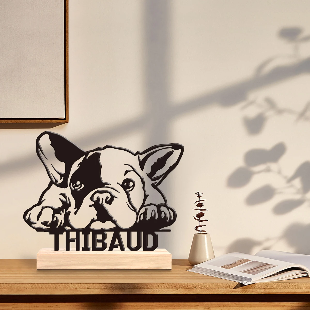 1pc Customized Metal Handicraft Ornaments Custom Content With Wooden Base Modern Rural Home Desktop Decorations