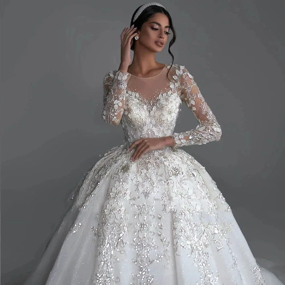 Vestidos de casamento elegantes apliques rendas o-pescoço manga longa drapeado trem real princesa vestido de noiva novia 2025