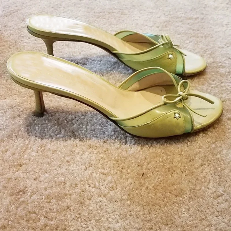 

New Vintage Olive Green High Heels Elegant Bowknot Stiletto Heels Sandals French Open-toe Fish Mouth Slippers Summer Women Shoes