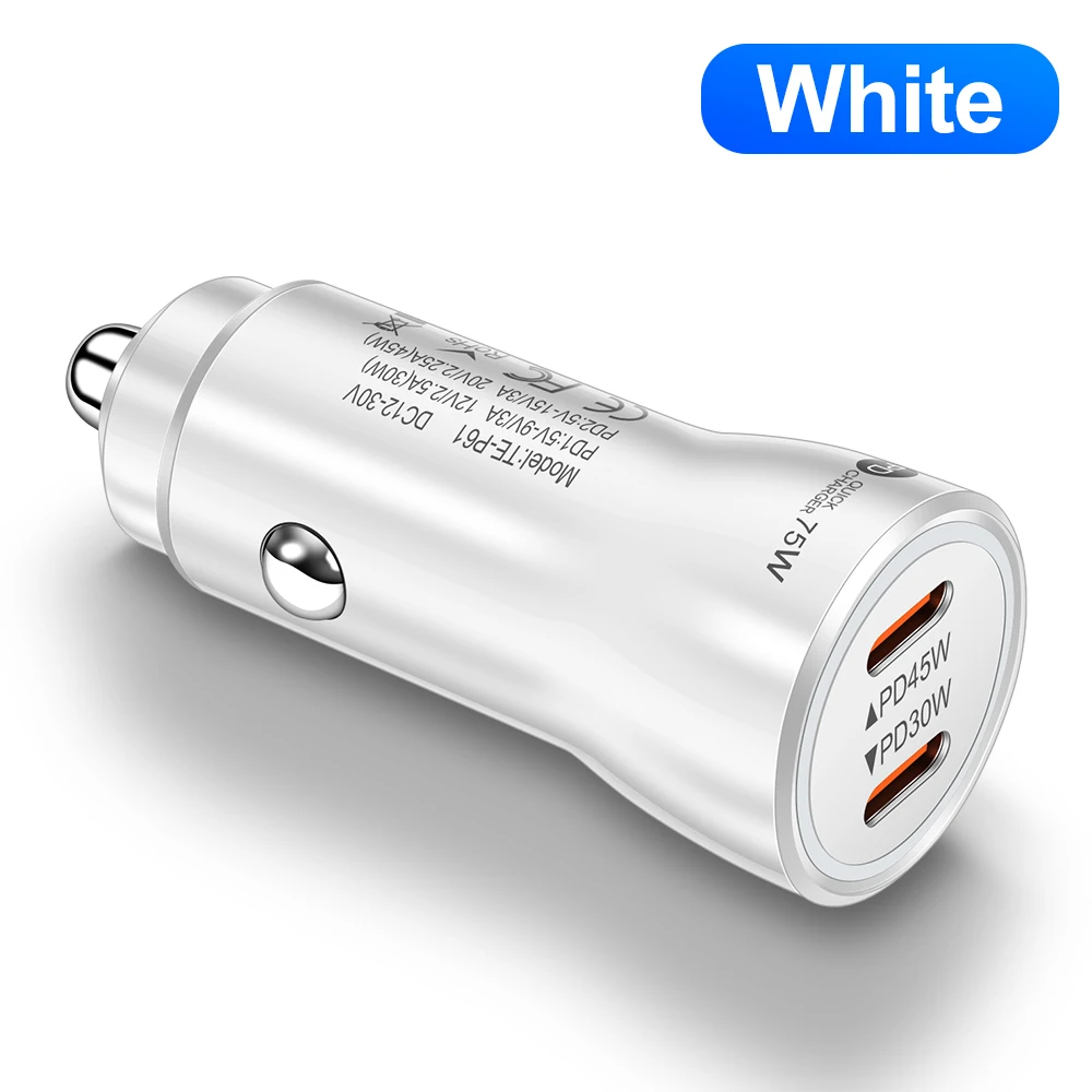 75 W 2-Port-USB-C-Autoladegerät mit PD30W PD45W Schnellladung Typ-C-Auto-Stecker-Feuerzeug-Adapter für Telefon