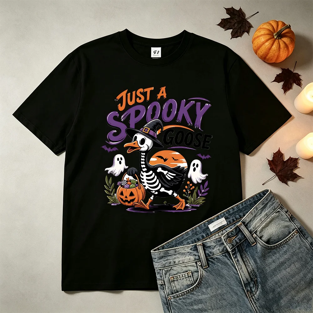 Halloween Just A Spooky Goose Graphic T‑Shirt Unisex Casual Short Sleeve Tee Funny Ghost Pumpkin Print T Shirt Party Outfit