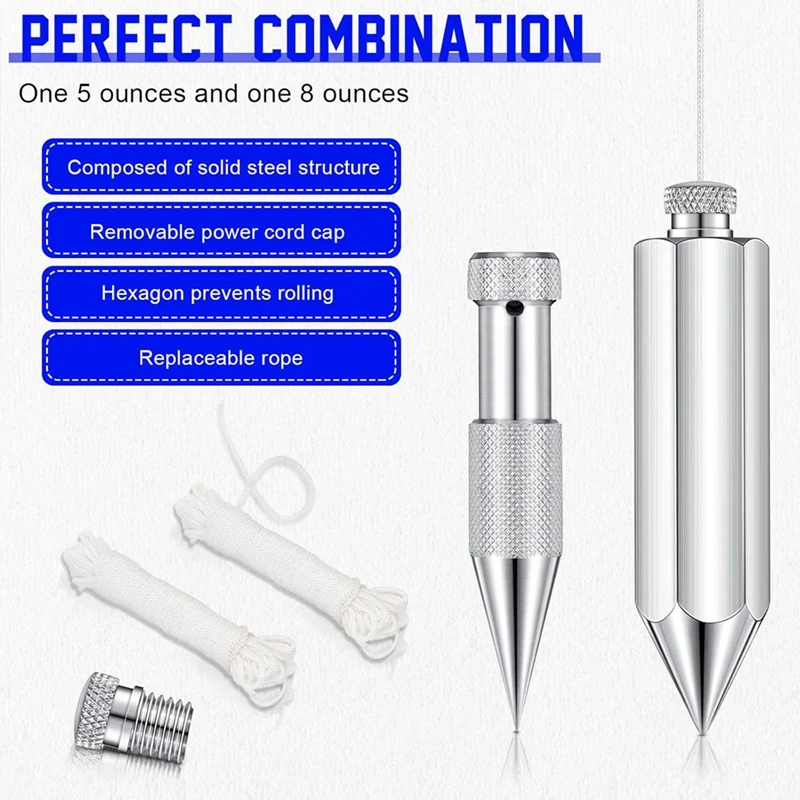 Hexagon Steel Plumbbob,2 Pcs Plumb Bobwith String 8 Ounce,5 Ounce Plumbbob Weight For Construction Carpentersurveyor