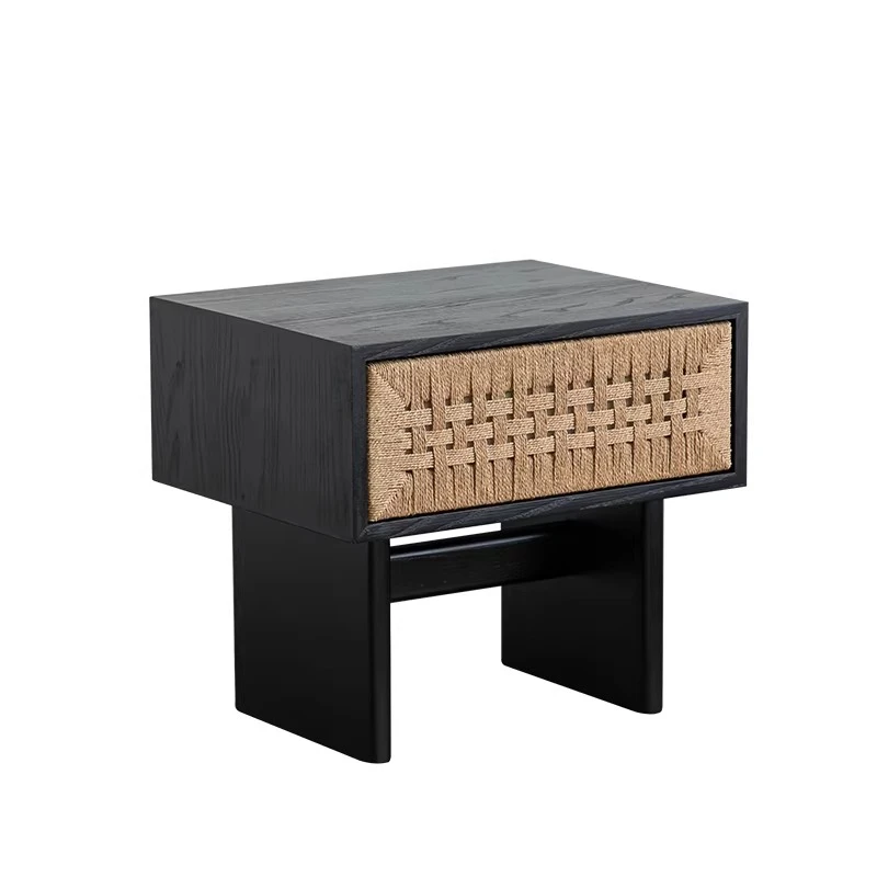 

Medieval solid wood braided rope woven bedside table, household living room sofa side cabinet