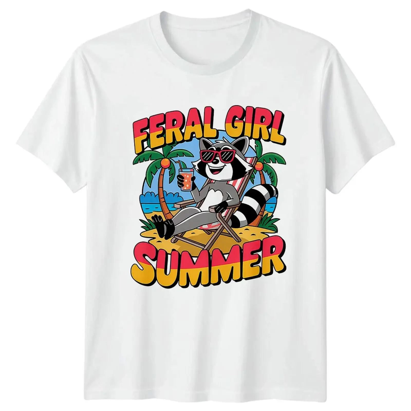Feral Girl Sommer Waschbär Strand Urlaub Grafik T Shirt vintage Washed designer clothes Unisex homme Breathable Slightly