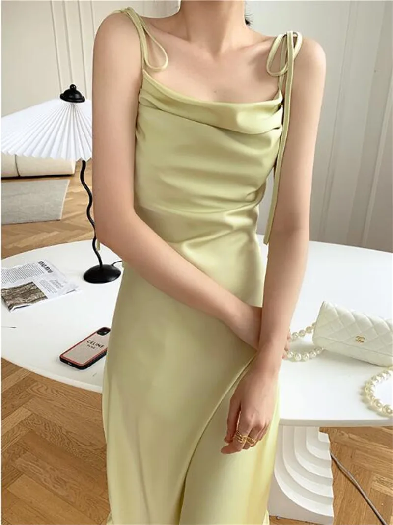 White Satin Spaghetti Strap Dress Women Sexy Summer Beach Dress Holiday Bow Lace Up Bandage Elegant Backless Dresses Vestidos