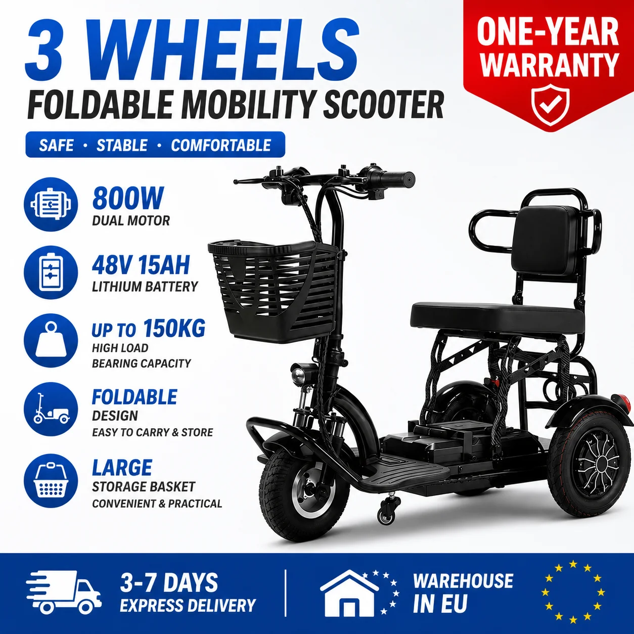 Scooter de mobilité pliable à 3 roues pour personnes âgées et handicapées, scooter électrique à haute capacité de charge avec panier de rangement