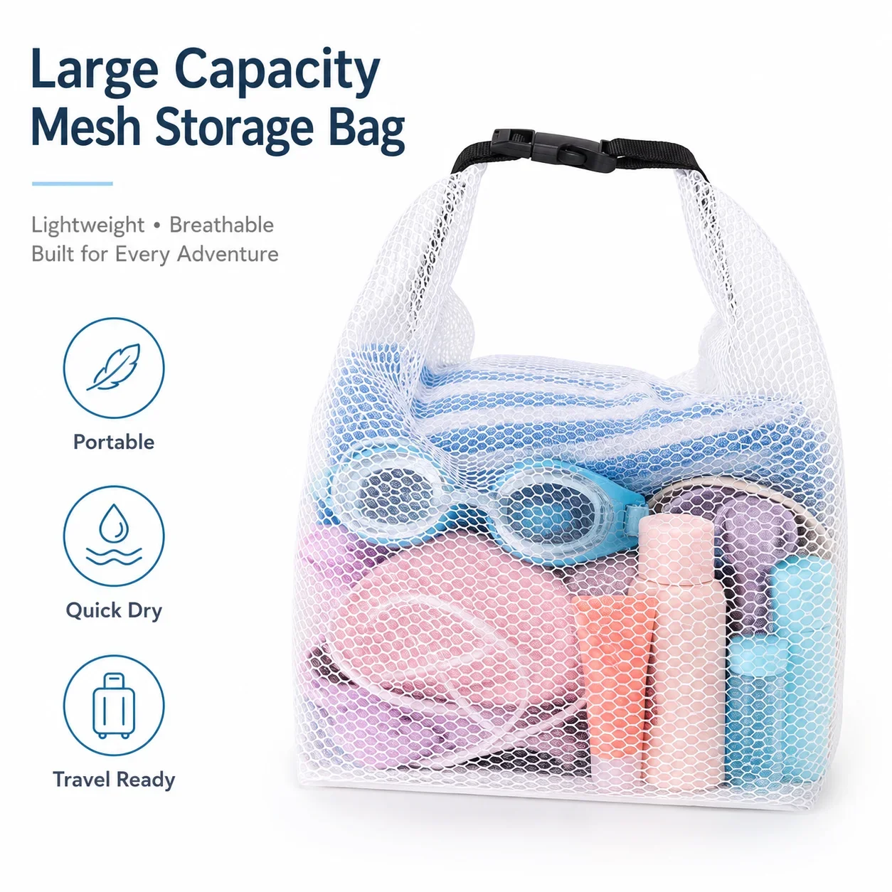 1pc Large Capacity Breathable Mesh Storage Bag Quick Dry Portable Handheld Mesh Tote Bag Buckle Closure Swim Gym Beach Travel Shower Toiletry Organizer Bag For Sports Swimming Camping