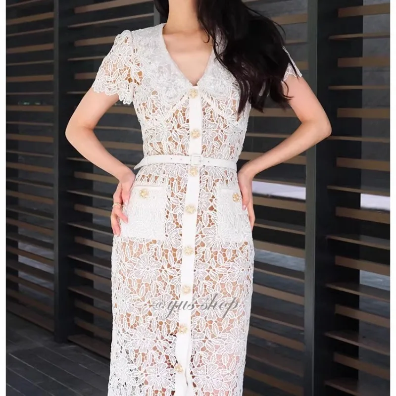 Golden Button beige Lace Women Dress Bodycon V-neck Evening Dresses Summer Luxury Design Vintage Elegant Clothing Lady