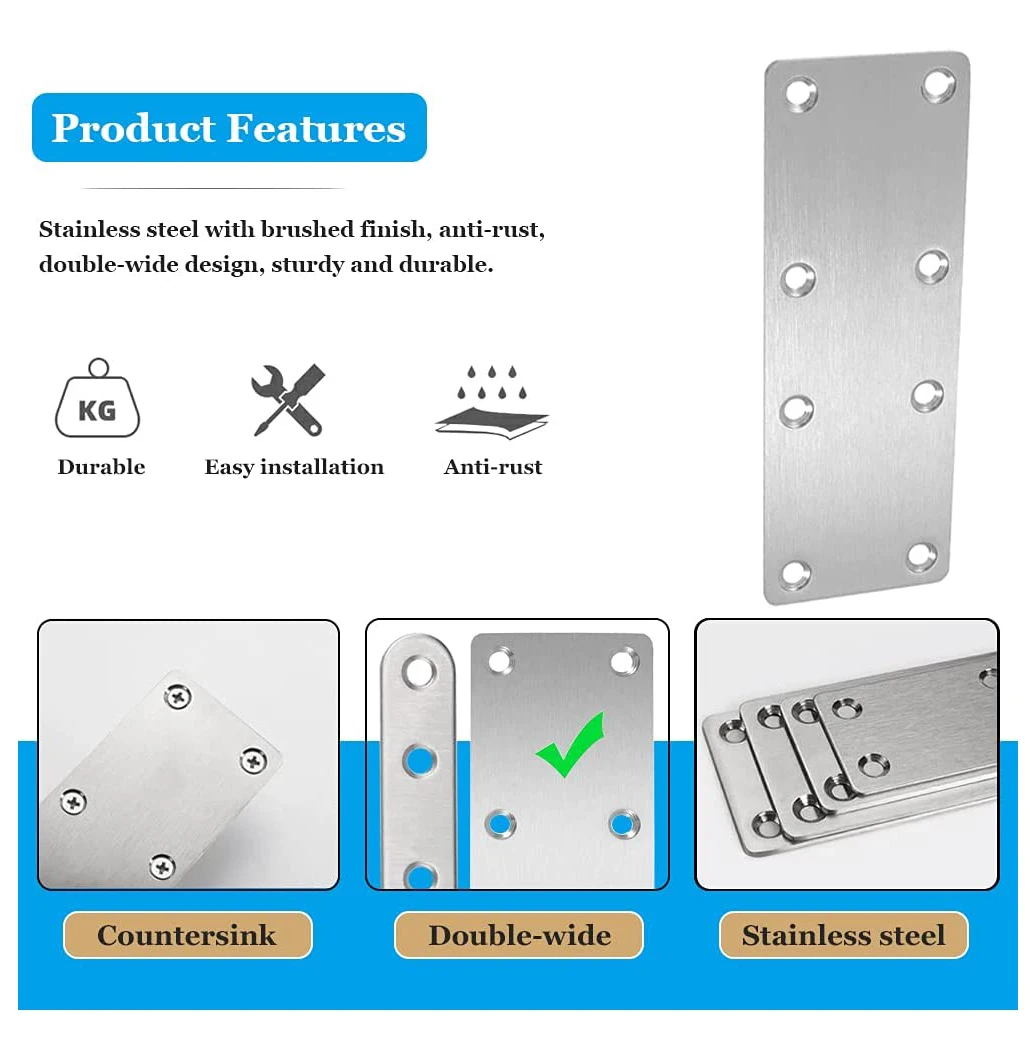 4 PCS Straight Bracket Flat Mending Plate Stainless Steel Brace with Screws for Furniture Wooden Door Wood