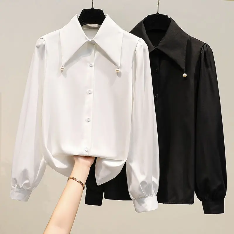 Simplicity Button Shirt Tops Polo Neck Long Sleeve Loose Chiffon Fashion Blouse Spring Autumn New Vintage Elegant Women Clothing