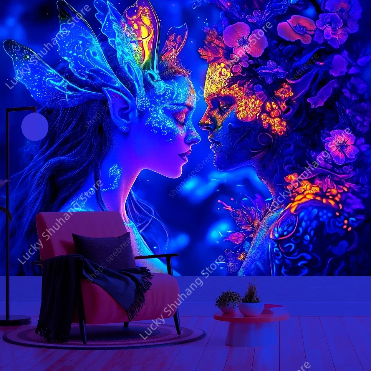 Demon Couple UV Reactive Tapestry Gothic Dark Fantasy Wall Art for Bedroom Living Room Decor Bohemian Style Horror Themed Design