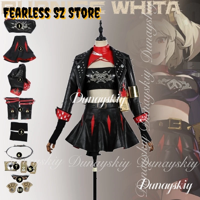 

Zenless Zone Zero Game Burnice Whita Косплей с черной кожаной курткой и короткой юбкой с бежевым париком Косплей 코스프레 Полный костюм