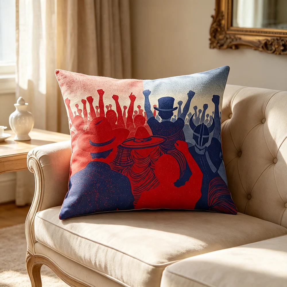 1PC Throw Pillow Cover,Red Blue Cheering Crowd Print,Patriotic Modern Style,For Sofa Bedroom Couch Home Decor