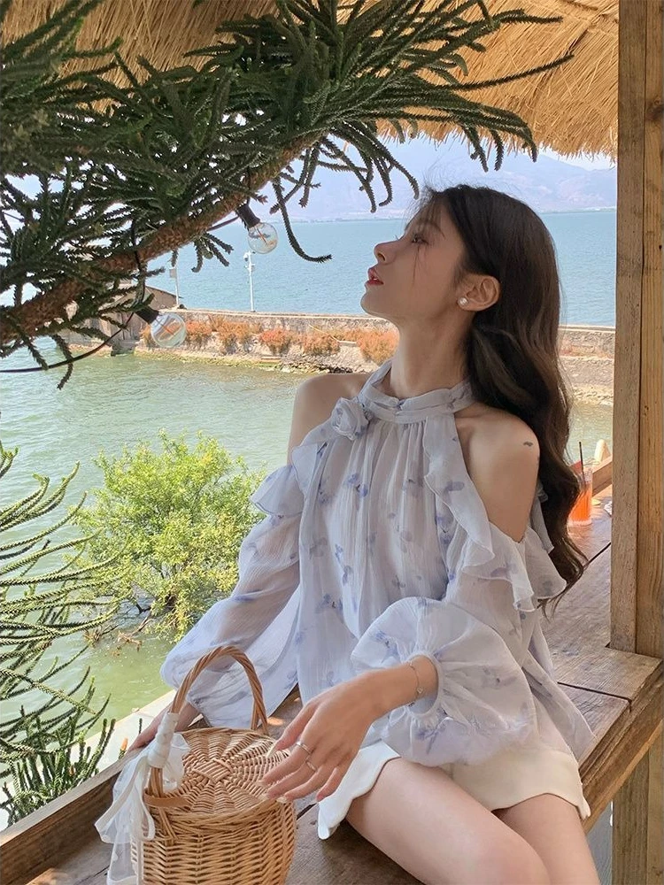 Women's 2026 Summer French 3D Flower Chiffon Long Sleeve Blouse Off Shoulder Ruffle Halter UV Protection Loose Elegant Chic Top