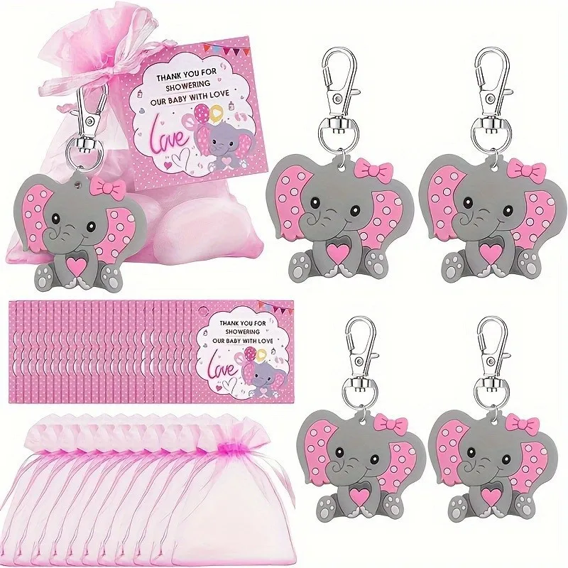 30 Sets Cartoon Elephant Keychains Baby Shower Gender Reveal Party Decorations with Thank You Labels and Yarn Bags Party Favors