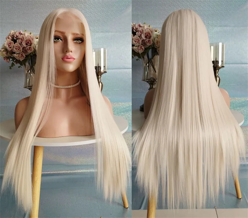 High Quality Platinum White Hair Wigs Long Straight Wigs Natural Hairline Heat Resistant Synthetic Front Lace Wigs For Women