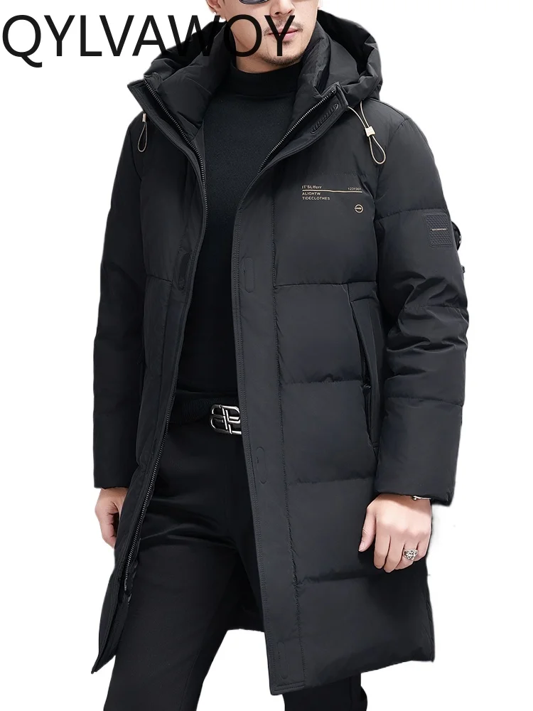 QYLVAWOY 87% Polyamide 2025 New Middle-Aged Men's Mid-Length Hooded Down Jacket Winter Dad's Outfit Thickened Outerwear LJ2166
