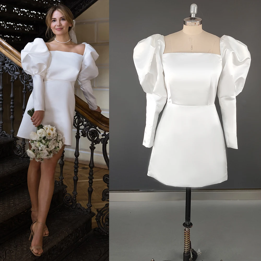 Robe de Mariée en Satin à Manches sulfBulles, Micro, Grande Taille, DstressSunshine, Personnalisée, Simple, Au-dessus du Genou, Mini Longueur, Patients Ivoire, Quelle que soit