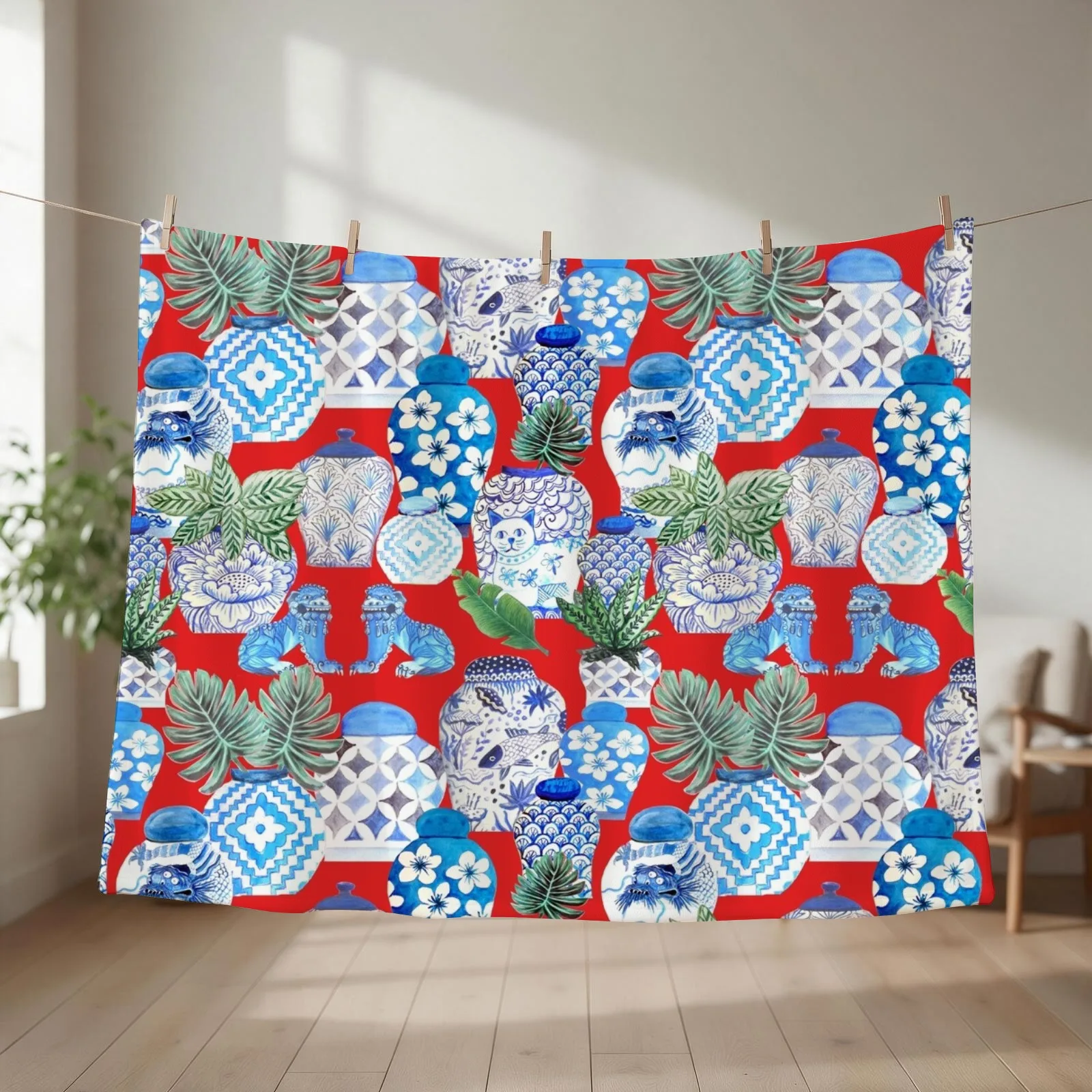 ginger jars in blue and white porcelainand foo dogs on red with palms Throw Blanket