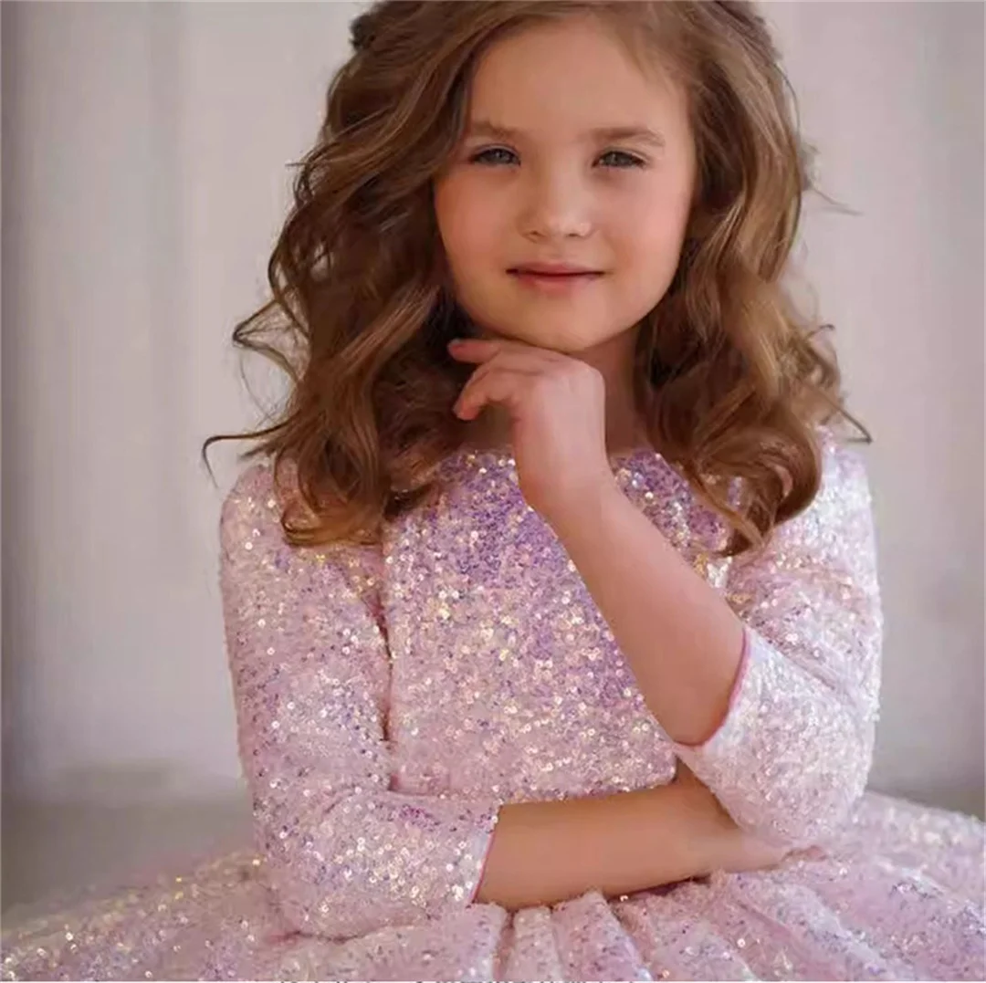 Glitzer rosa Mädchen Kleid knielang Prinzessin Kleid Blumen mädchen Kleider niedlichen Baby Mädchen Kleid Mädchen Geburtstags feier Kleider