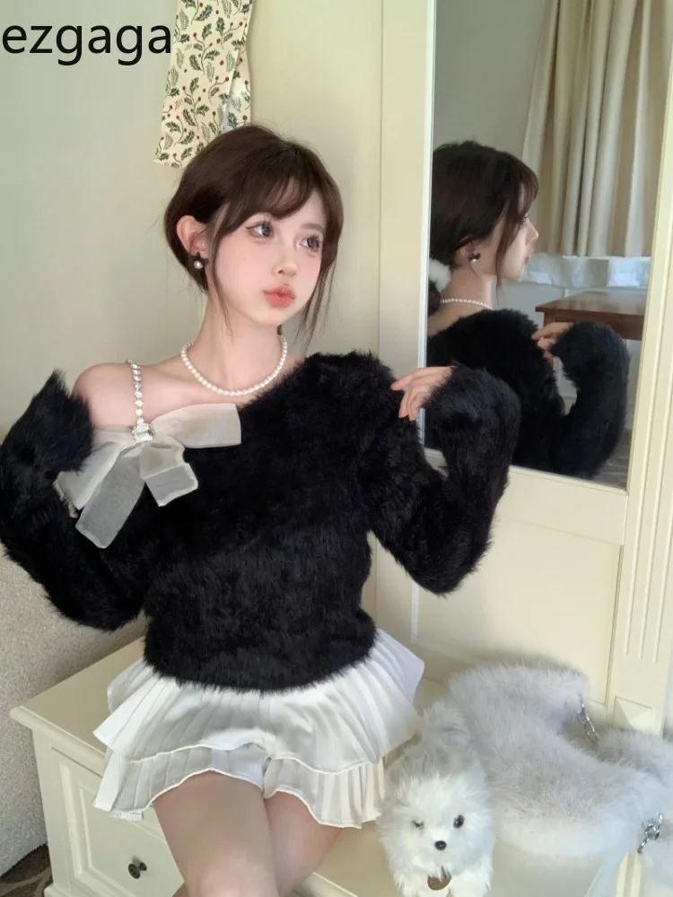 Ezgaga Knitted Crop Tops Women Vintage Bow Slash Neck Off Shoulder Sweater Vintage Ins Fashion Female Sexy Pullover Sweet