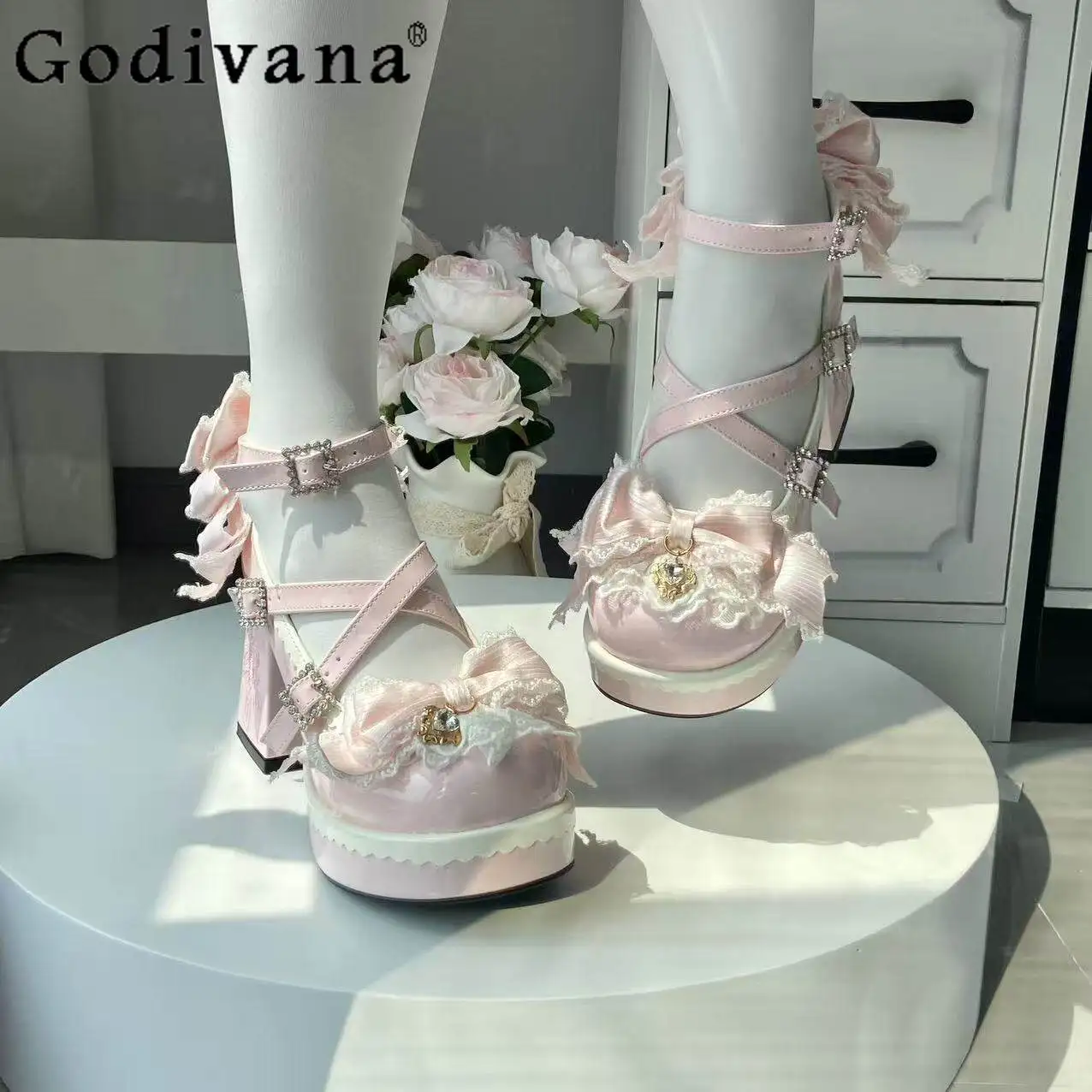 

Original Pink Lolita High Heels Spring Autumn Women's Sweet Elegance Cute Bow Lace Lo Platform Muffin Shoes Cos Mary Jane Shoes