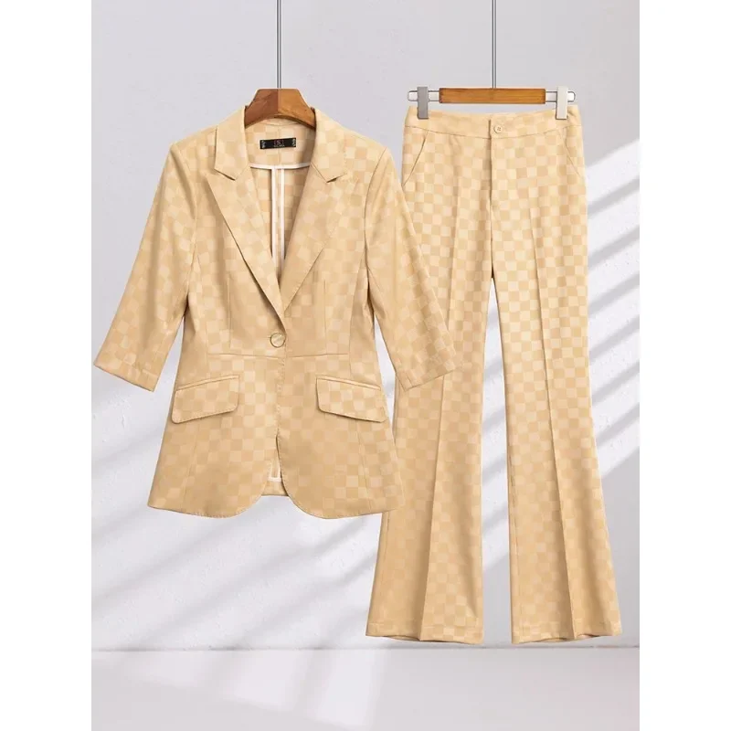 Blazer xadrez e calças femininas, conjunto formal de 2 peças para senhoras do escritório, roupa de negócios e trabalho feminina, preto azul e damasco, primavera e verão