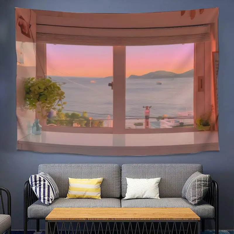 VIKAMA Fake Window Scenery Tapestry Cozy Ocean Sunset Landscape Wall Hanging Living Room Aesthetic Decor Polyester Backdrop