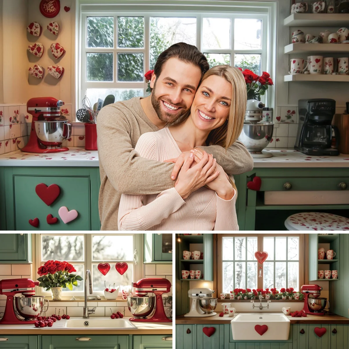 Valentine's Day Kitchen Photography Backgrounds Red Roses Love Heart February 14th Couples Portrait Wedding Party Photo Backdrop