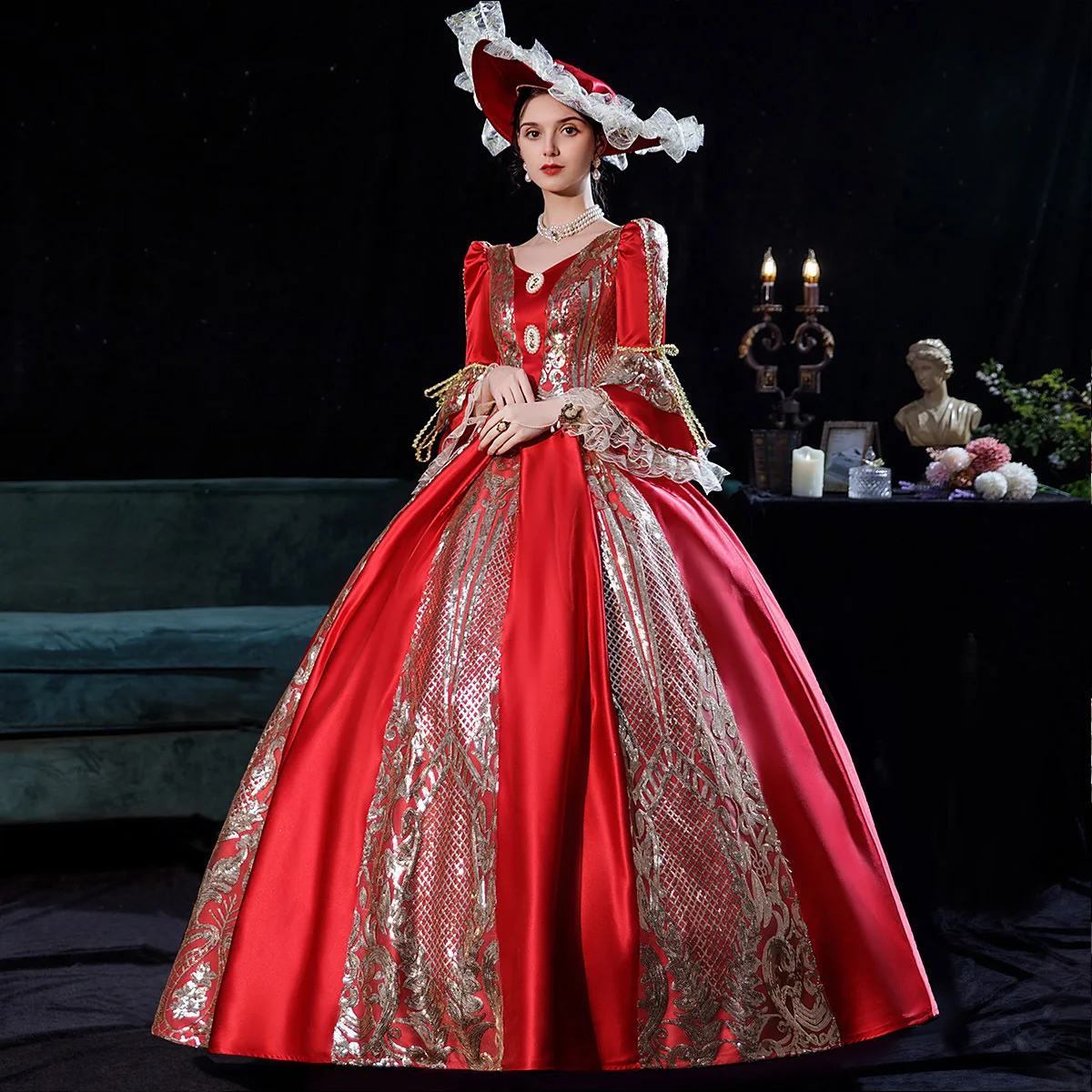 

Women Victorian Gown Red Gothic Lolita Dress Costume 1800s Marie Antoinette Rococo Edwardian Medieval Golden Princess Ball Gown