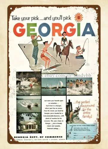 1956 GEORGIA Dept of Commerce travel metal tin sign motivational art